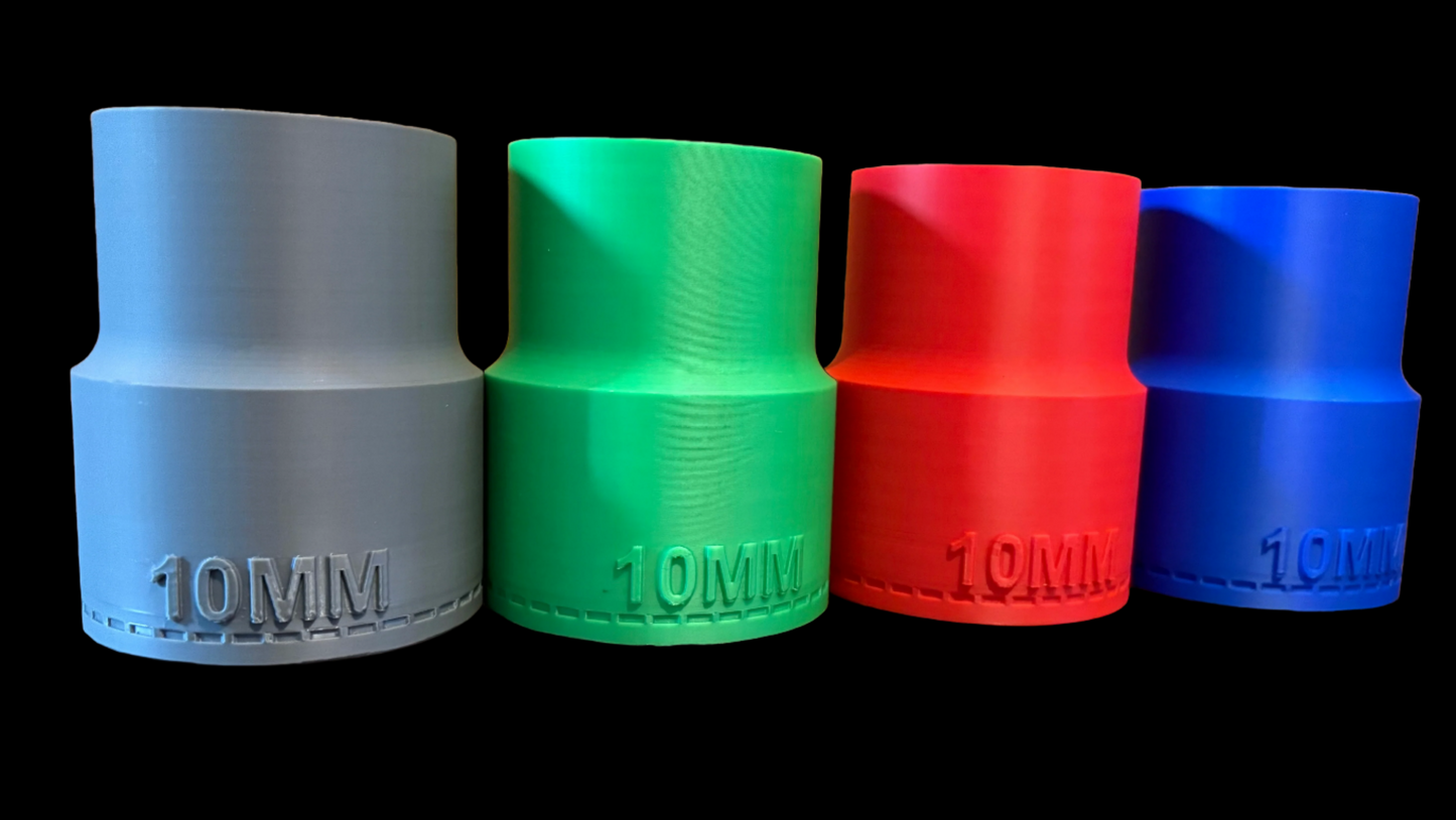 Four colorful cylindrical objects with '10MM' marking on a TOOLBOX
