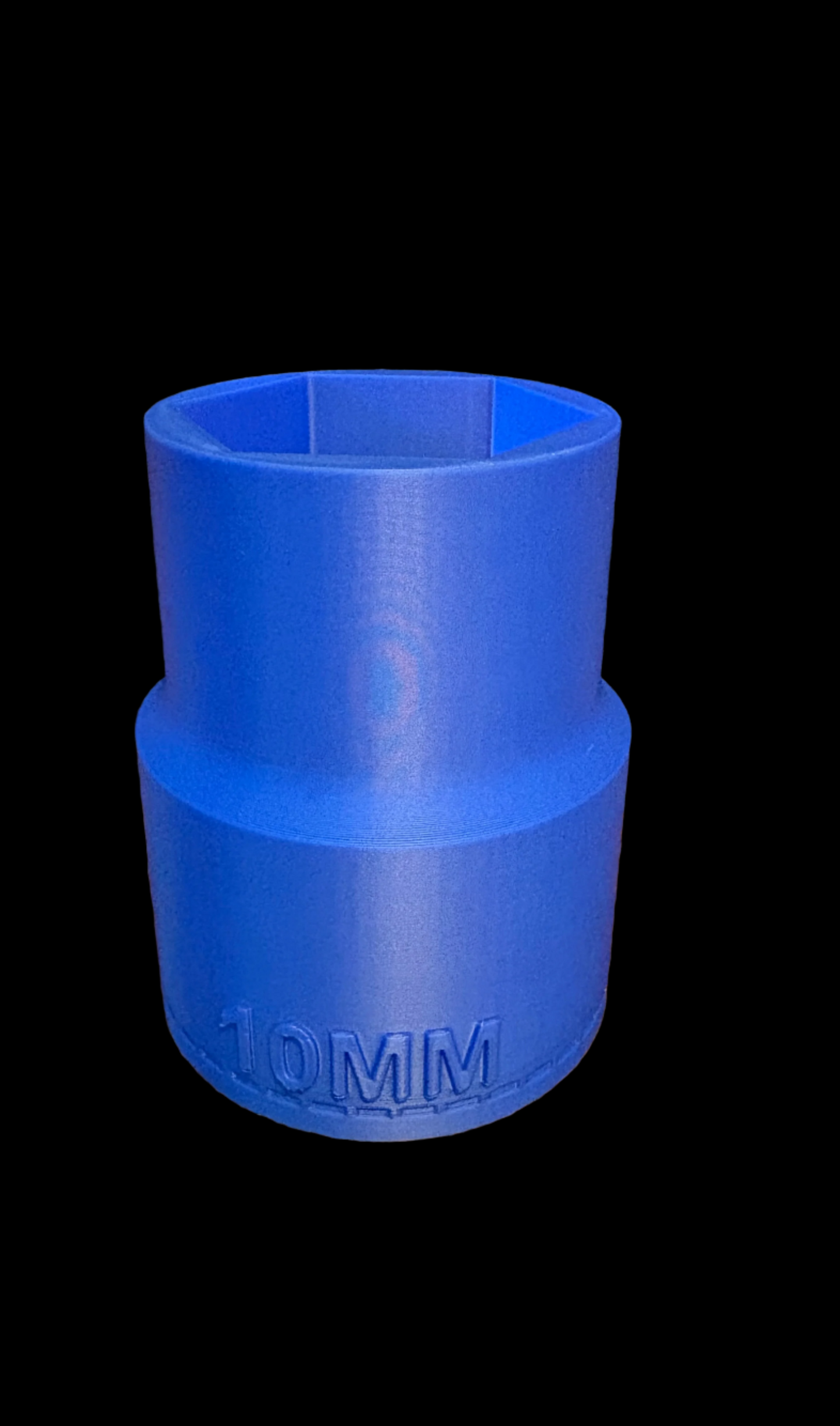 Blue pipe fitting with '10MM' marking on a white background